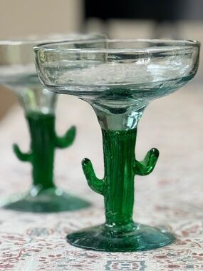 Pair of Handblown Mexican Margarita Glasses Cactus Stem Recycled Bubble Glass